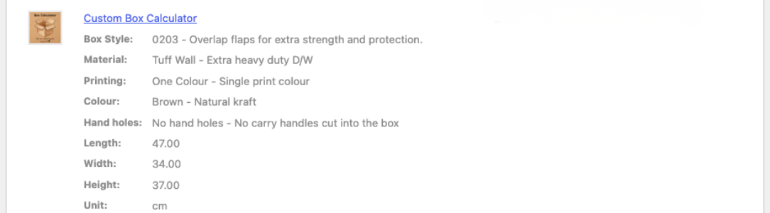 Customer custom box calculator order showing box style, material, print and dimensions